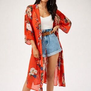 Band Of Gypsies Women's Kimono Cover-Up Bell Sleeve V-Neck Red Gold Floral S